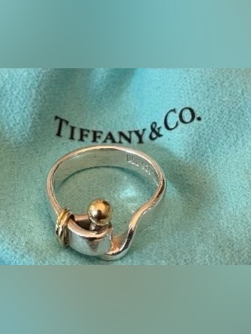 Tiffany And Co Silver 18K Gold Hook And Eye Ring Band Sz 6.25 - Picture 5 of 6